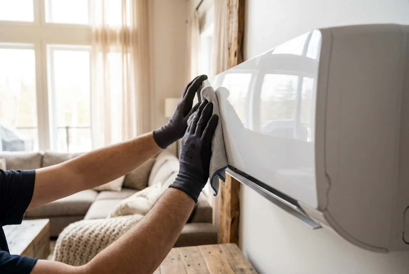 Mains gantées qui retirent le capot d'une thermopompe murale avant le nettoyage