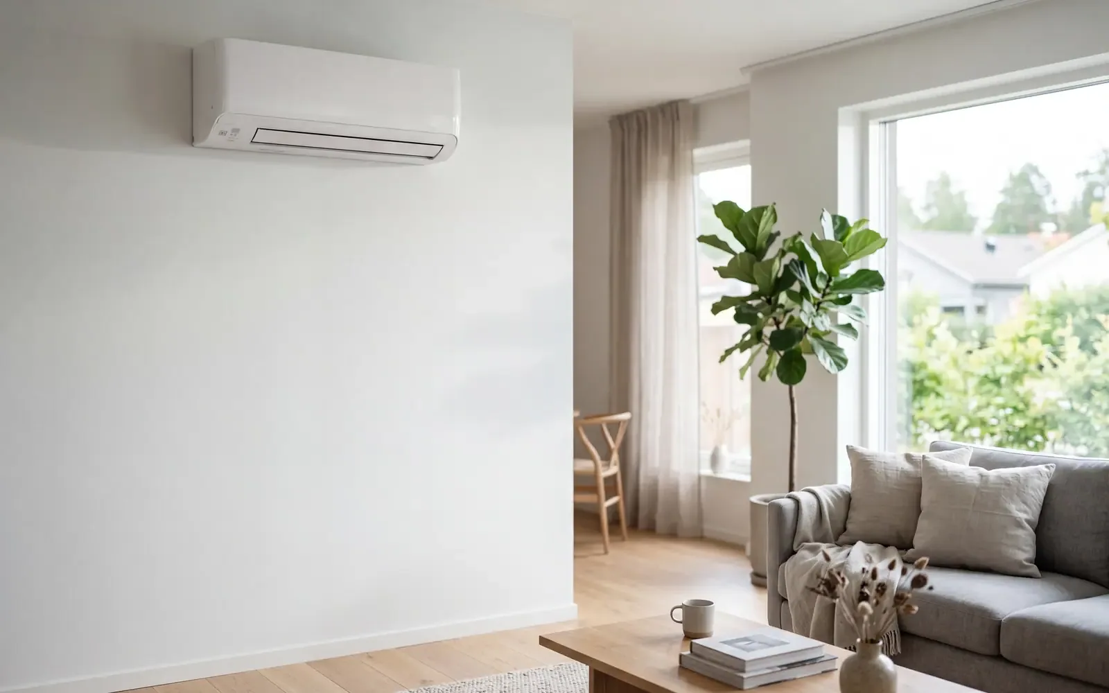 Thermopompe murale propre dans un salon résidentiel